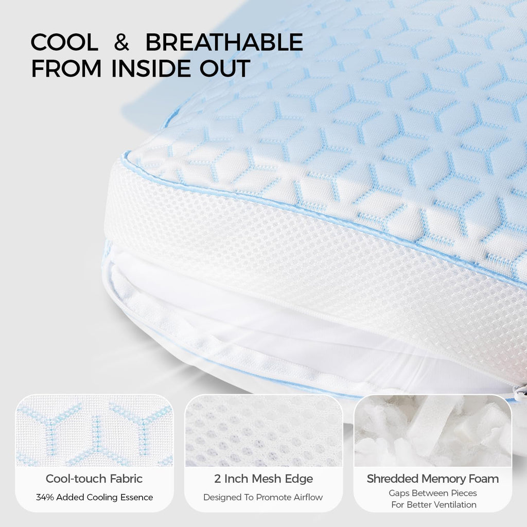Cooling Pillows King Size Set of 2, Shredded Memory Foam Pillows | CertiPUR-US King Size Pillows Firm and Soft