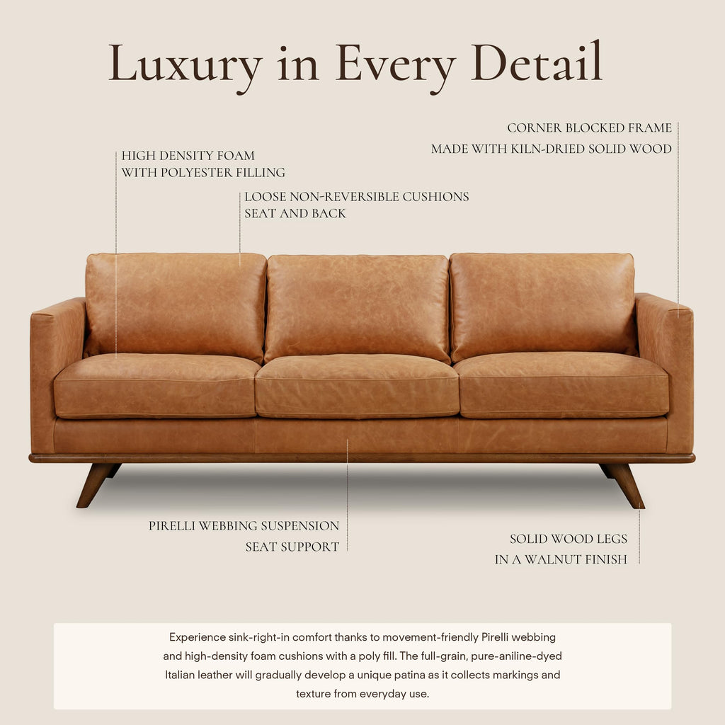 & BARK Nolita 85" Leather Sofa - Full-Grain Italian Aniline Leather, Feather-Down Comfort, Solid Wood Base - Cognac