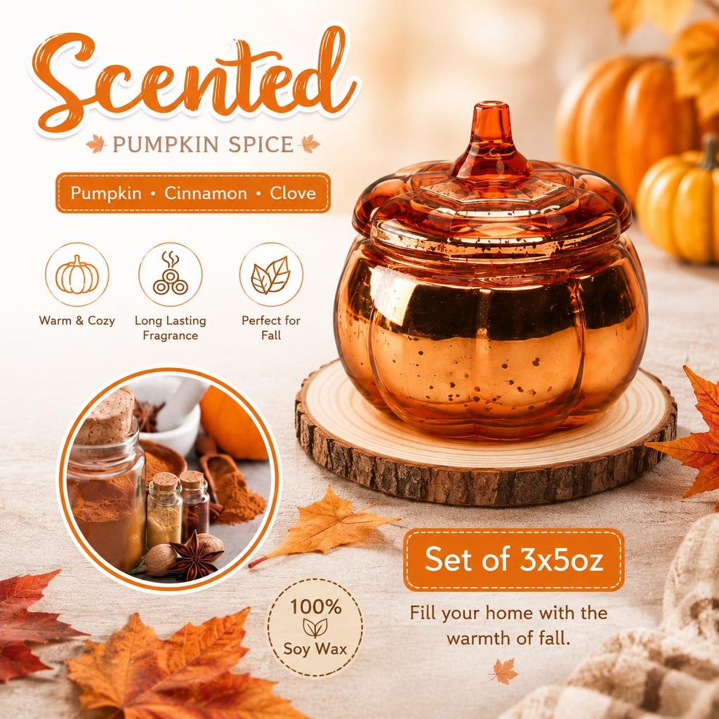 Pumpkin Shaped Candles 3 Pack, Fall Pumpkin Spice Scented Candles 15oz