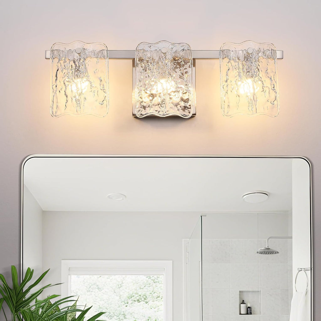 3-Light Bathroom Vanity Light, Brushed Nickel Bathroom Light Fixture Over Mirror with Clear Glass, Modern Bath Wall