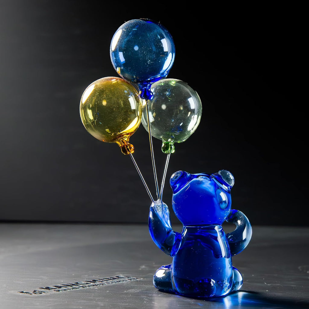 Hand-Blown Glass Bear Figurine with Balloons, Sapphire Blue Animal Sculpture, Kawaii Room Decor & Refreshing Desk