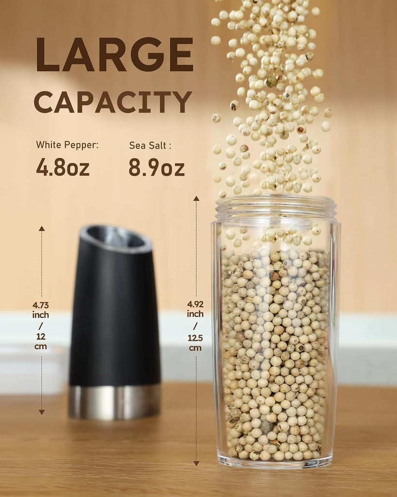 Gravity Electric Salt and Pepper Grinder Set Shakers UPGRADED 9OZ XL CAPACITY Battery Powered Refillable Automatic - Set of 2