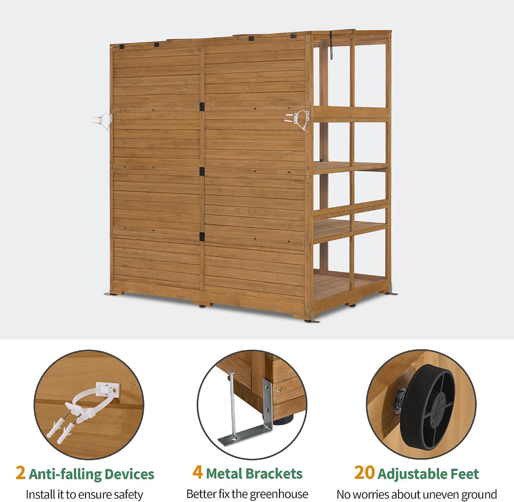 Macrout Wooden Walk-in Greenhouse with Acrylic Panels, Large Greenhouse Outdoor with Openable Roof Vents with