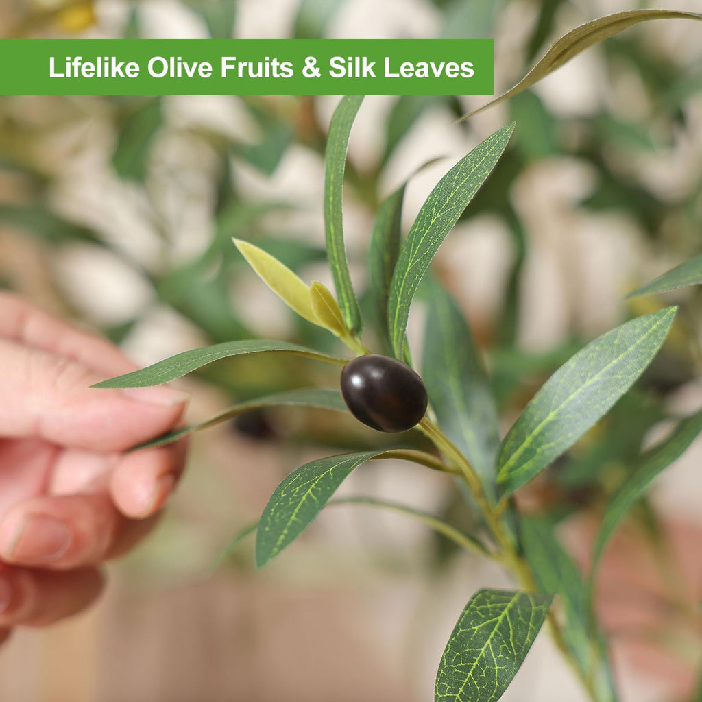 Faux Olive Tree 6FT - Tall Artificial Plants Indoor with Real Wood Trunk & Seagrass Basket, Lifelike Silk Leaves &