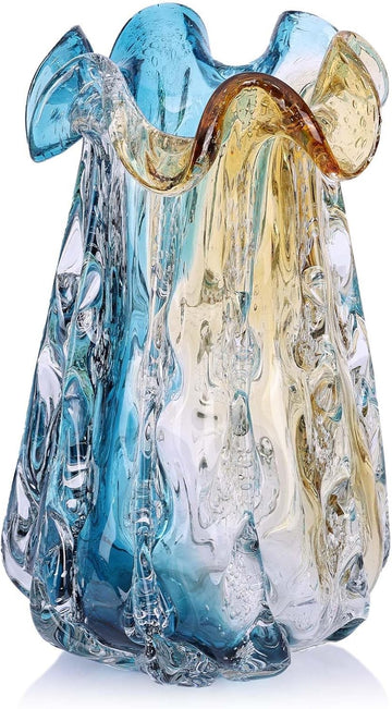 Turquoise Glass Vase, Hand Blown Wide Mouth Teal Blue Glass, Murano Style Modern Art, Art Deco Contemporary