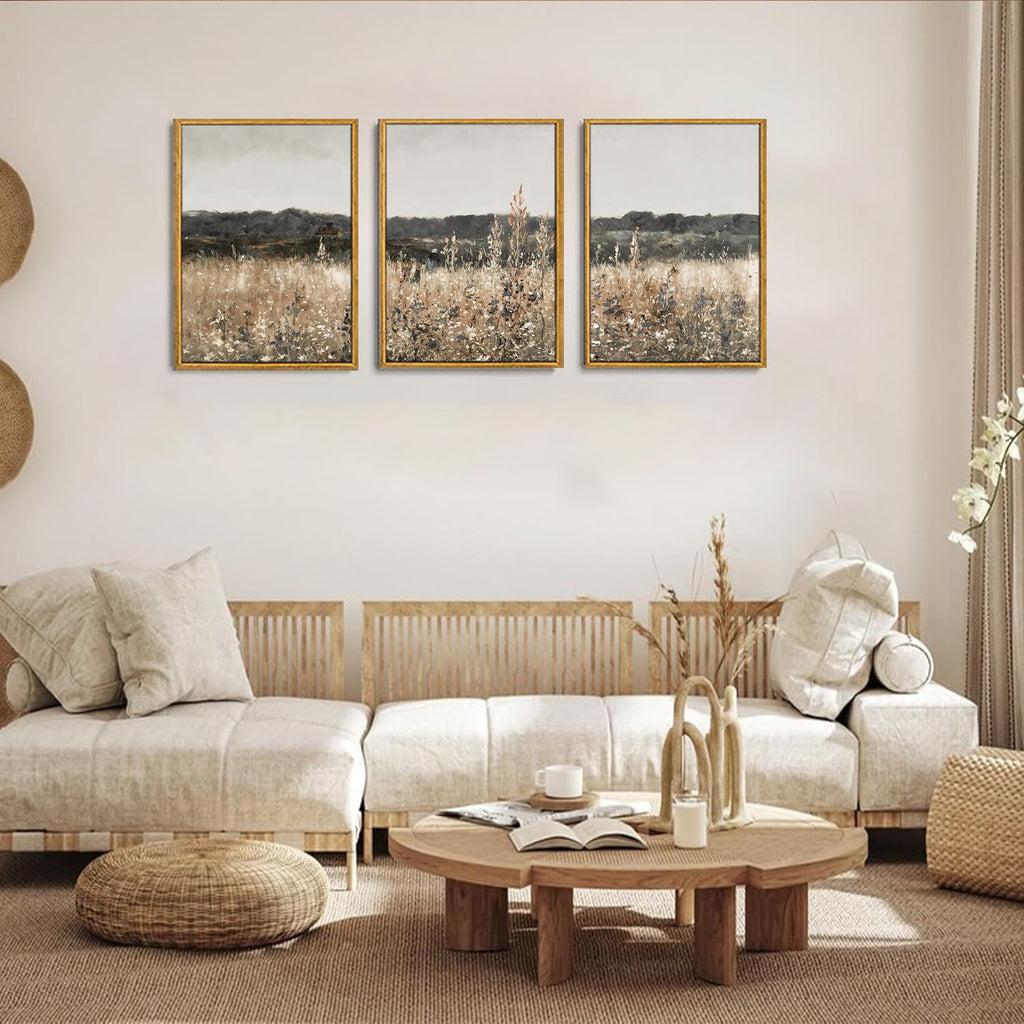 Framed 3 Piece Vintage Wall Art Set Rustic Floral Landscape Canvas Print