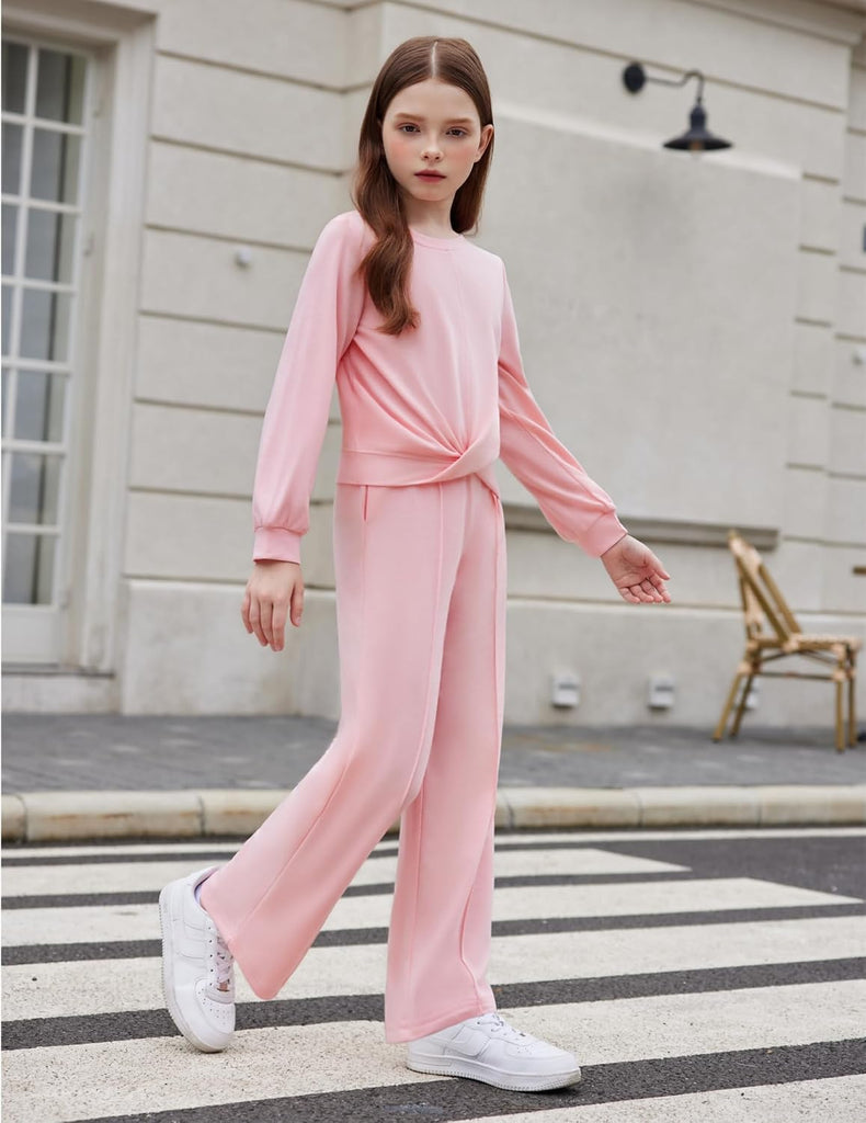 Girls 2 Piece Outfits Twist Front Sweatshirt Wide Leg Sweatpants
