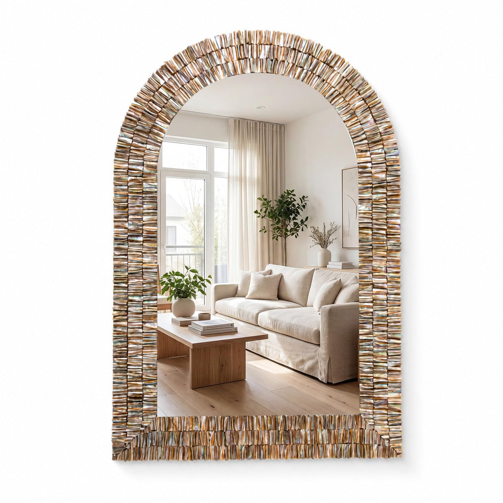 Large 36" x 24" Capiz Shell Mirror Arched Coastal Seashell Wall Decor