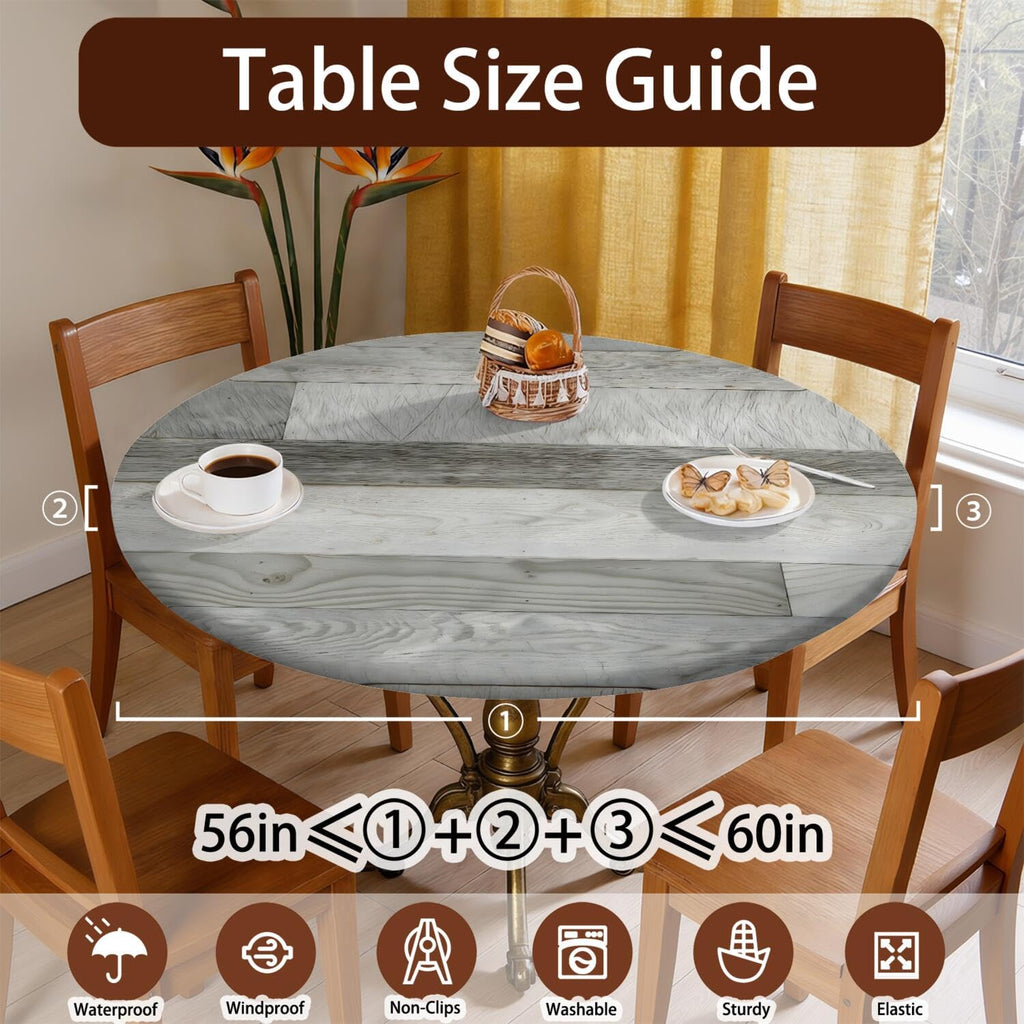 Wood Grain 60 Inch Round Fitted Cloth Tablecloth with Elastic Edged, Waterproof Oil Proof Wipeable Table Cover for