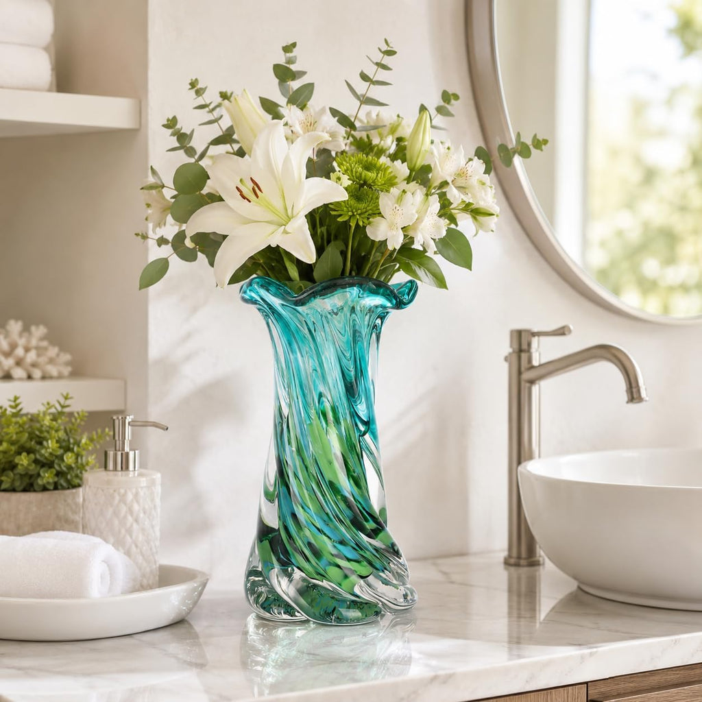Hand Blown Glass Vase, Teal Green Emerald Gradient Wide Mouth Art Glass Vase, Unique Decorative Vase Coffee Table