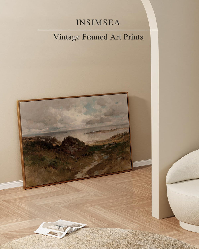 Golden Framed Vintage Canvas Wall Art A Bit of Massachusetts Coast Coastal Beach and Clouds Seascape 24x36 inch