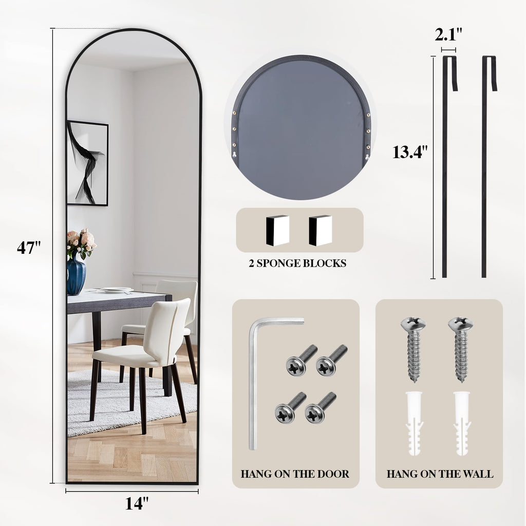 47"x14" Full Length Door Mirror, Arched Full Body Door Mirror, Black