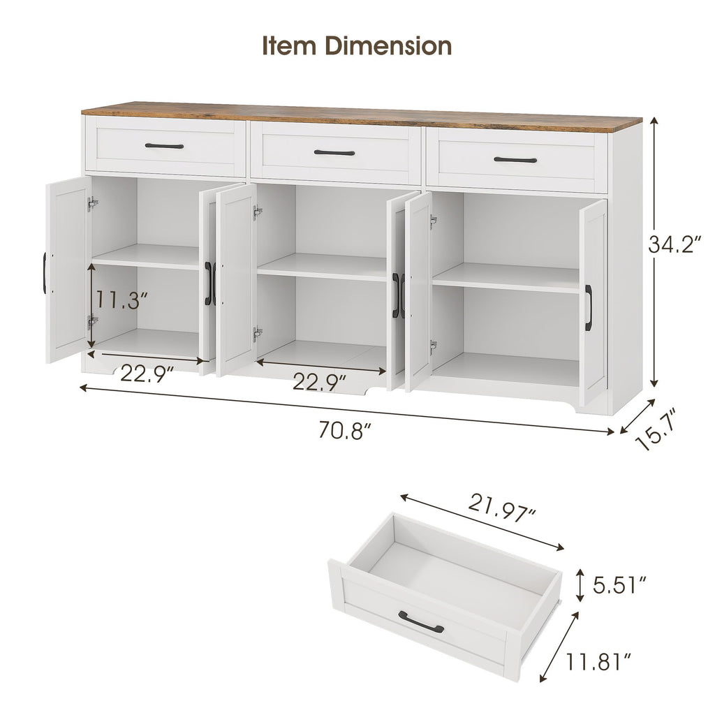 71" Farmhouse Sideboard Buffet Cabinet 3 Drawers & 6 Doors, White
