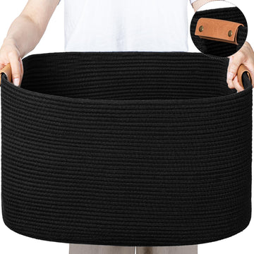 Large Woven Basket, 108 L Blanket Basket Bin for Toys Organizing & Laundry, Cotton Rope Hamper with Leather Handle