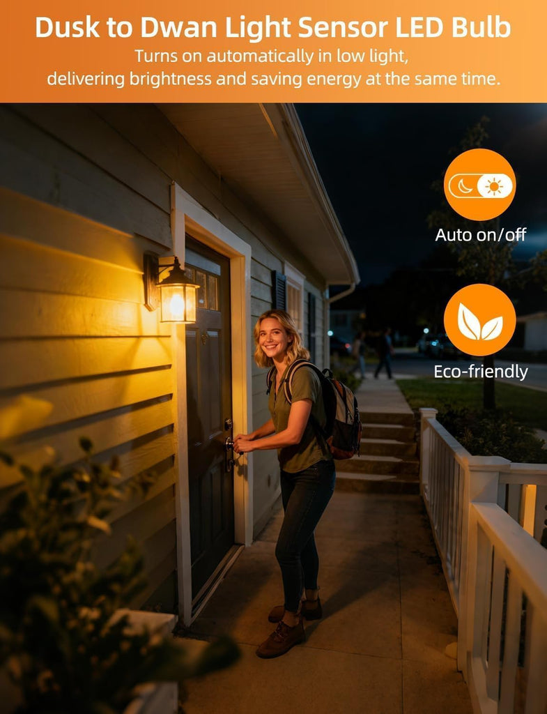 Dusk to Dawn Light Bulbs A19 8W 900 Lumens, Outdoor Porch Lights, 60 Watt Equivalent, Amber LED Orange-Yellow Sensor