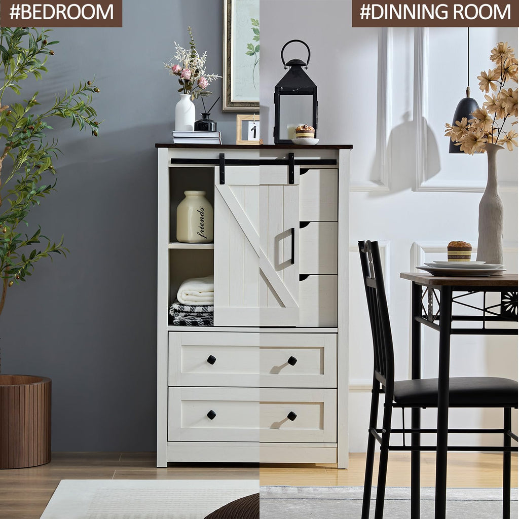 White Dresser with 5 Drawers, 48" Tall w/Sliding Barn Door, Farmhouse 5 Chest of Drawers, Antique White