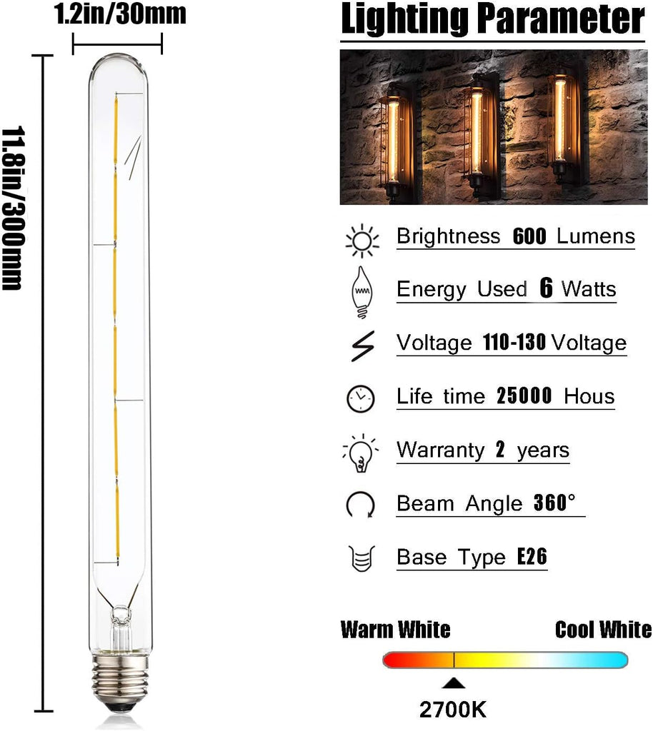 Vintage LED Filament Bulb T300, 6W Dimmable T10 Edison Light Bulb Long Tubular Antique LED Light,E26 Base,Clear