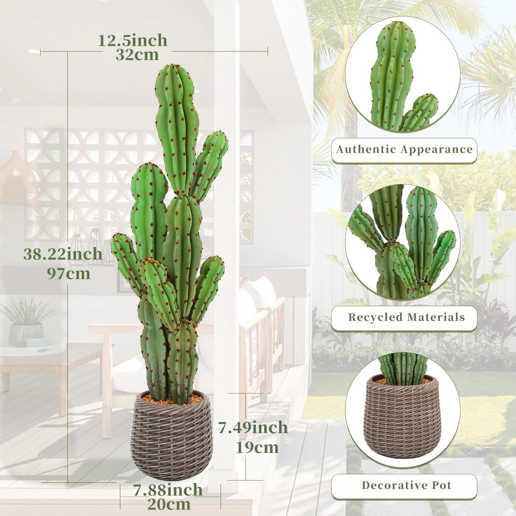 Artificial Cactus Plants Outdoor, 3ft Large UV-Resistant Fake Cacti Plant with Brown Pot, Faux Floor Desert Plant