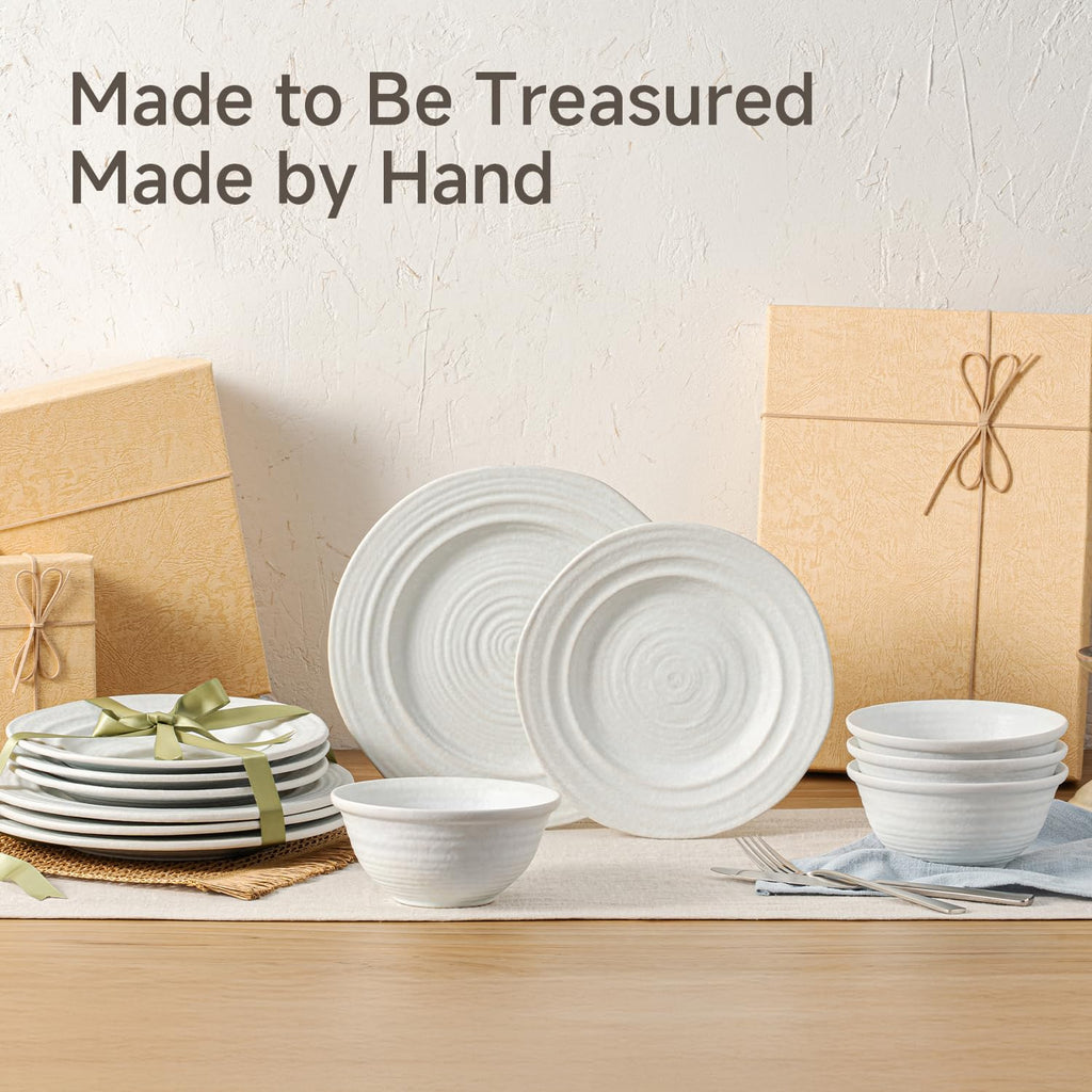 Handmade Stoneware Dinnerware Set, 24-Piece Matte White for 8