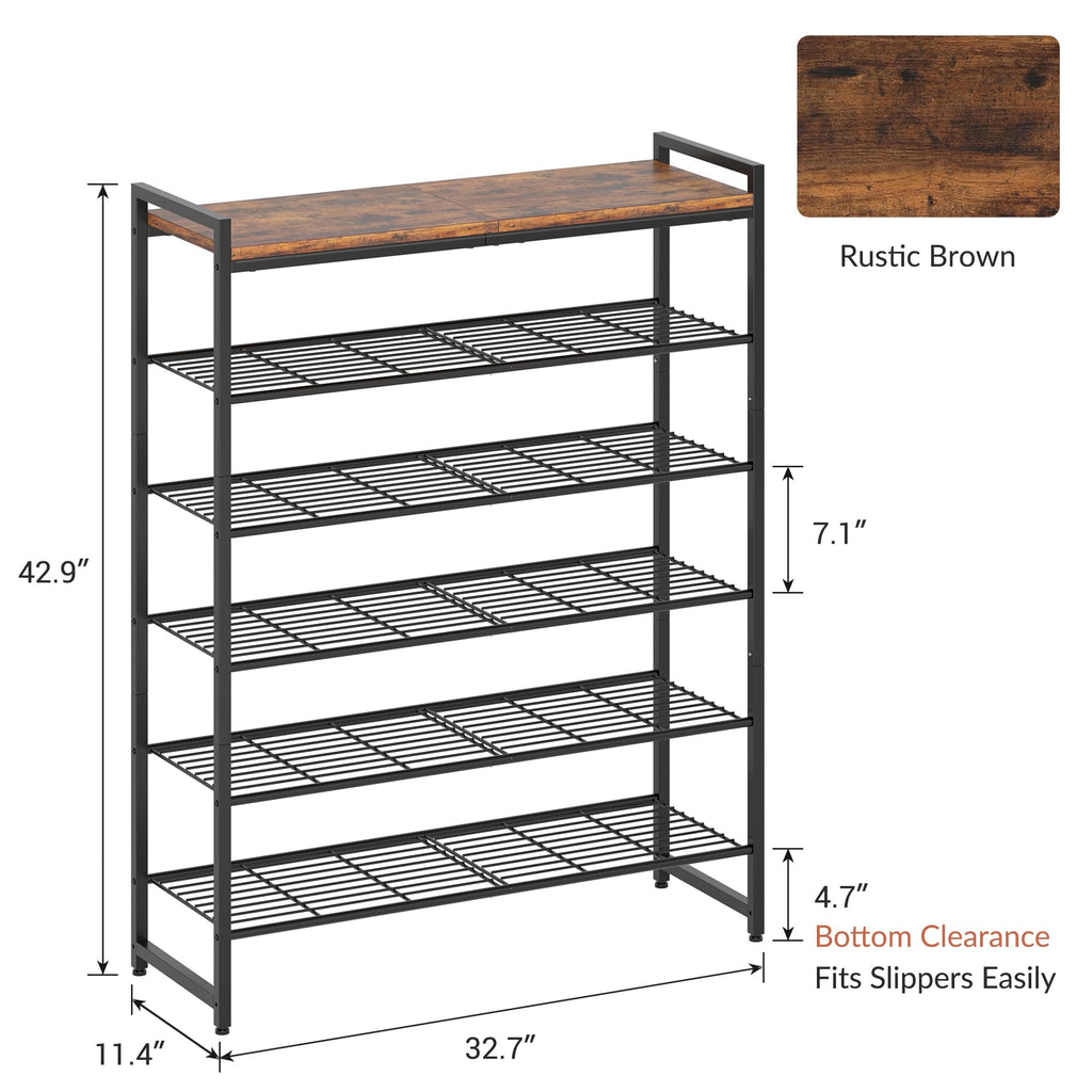 6 Tier Shoe Rack Organizer for 24-30 Pairs, Tall Metal Shoe Storage Shelf with Wood Top, Adjustable Boot Space