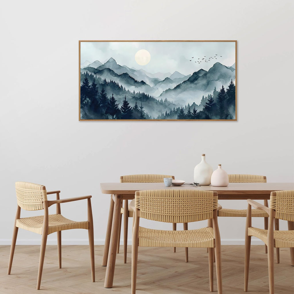 Large Foggy Mountain Framed Canvas Wall Art, Misty Forest Scenery Wall Decor, Minimalist Watercolor Landscape