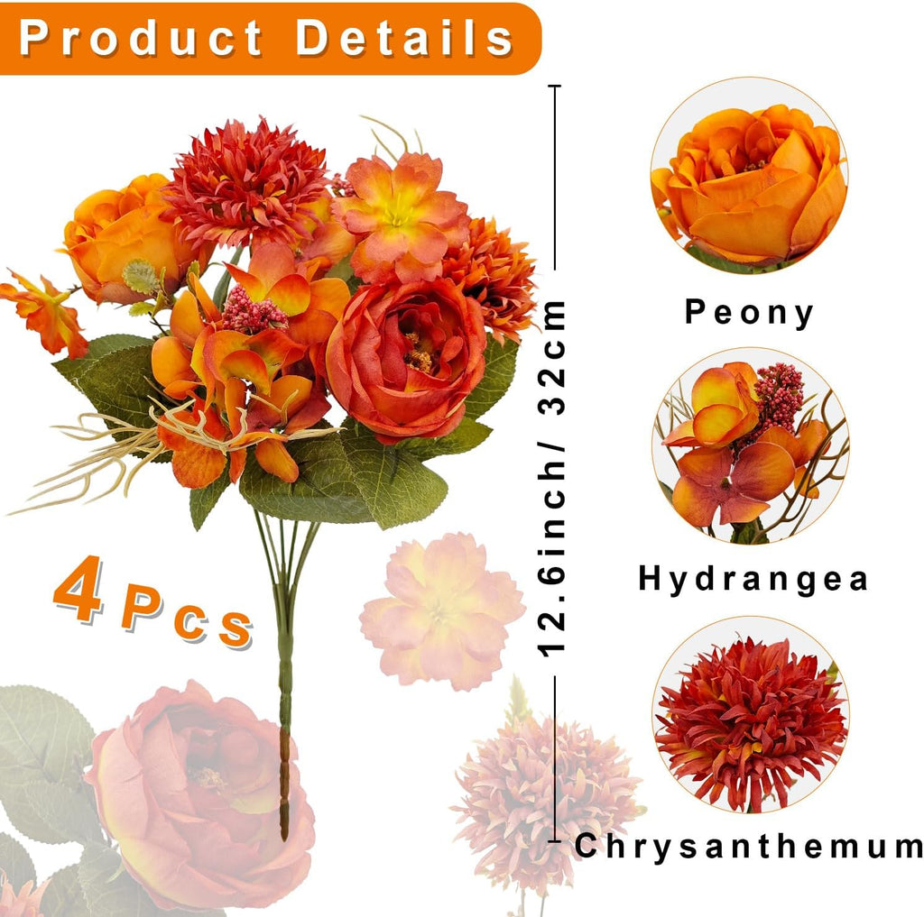 Bundles Fall Artificial Flowers Bouquet Fake Peony Silk Chrysanthemums Autumn Faux Floral Arrangements Decor Indoor - Set of 2