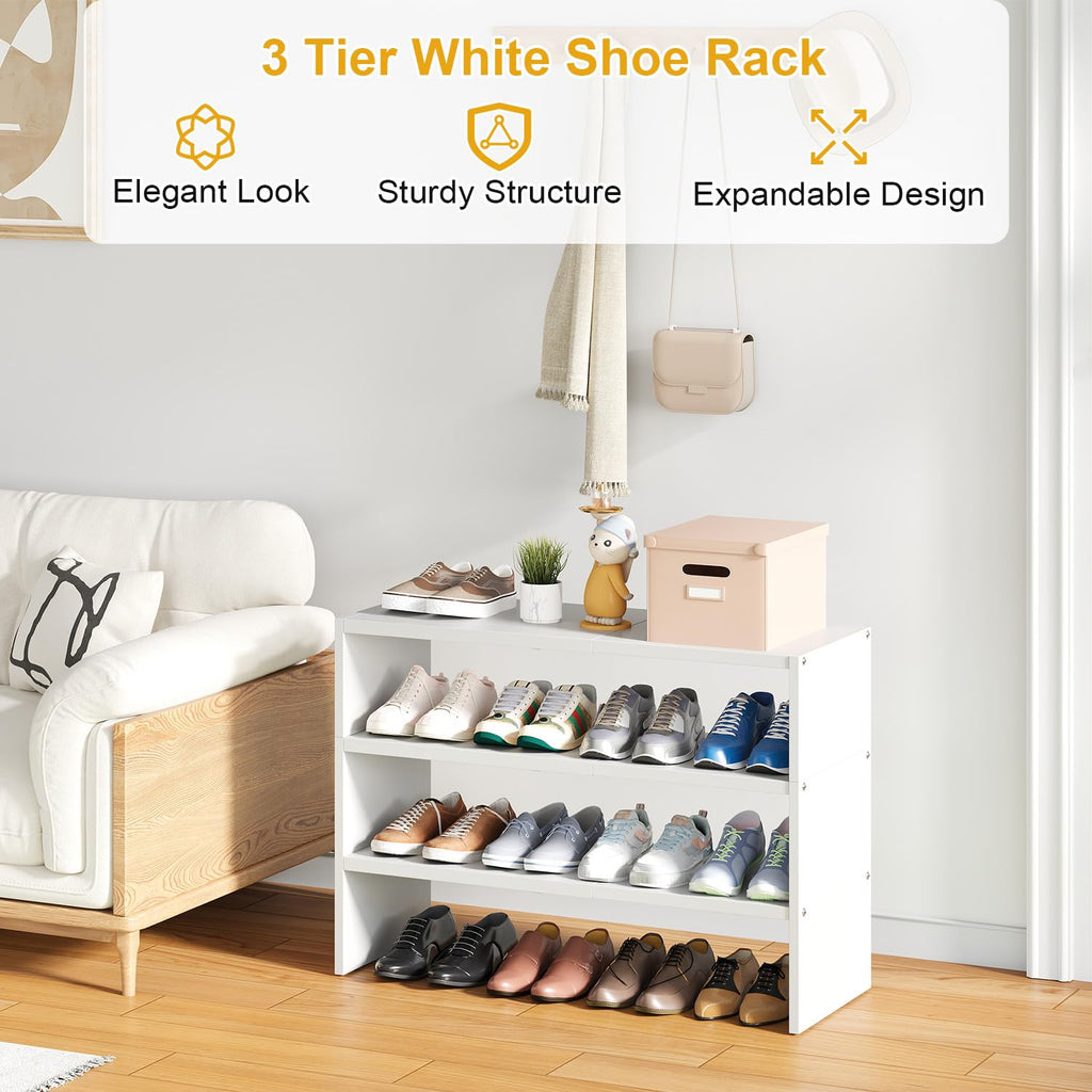 White Shoe Rack Organizer for Closet, 3-Tier Expandable Shoe Shelf, Stackable Iron Wood Combination Shoe Racks