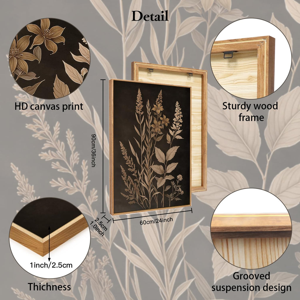 Vintage Botanical Fern Framed Canvas Wall Art Set, Black and Tan Plant Leaves Wall Decor, Modern Farmhouse Art
