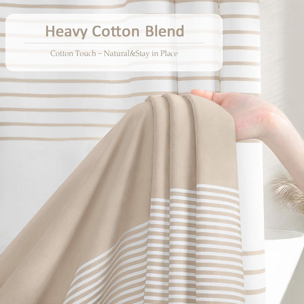 Beige Boho Cotton Striped Shower Curtain with Tassel 72" W X 72" L | Boho Farmhouse Shower Curtains with Soft Cotton