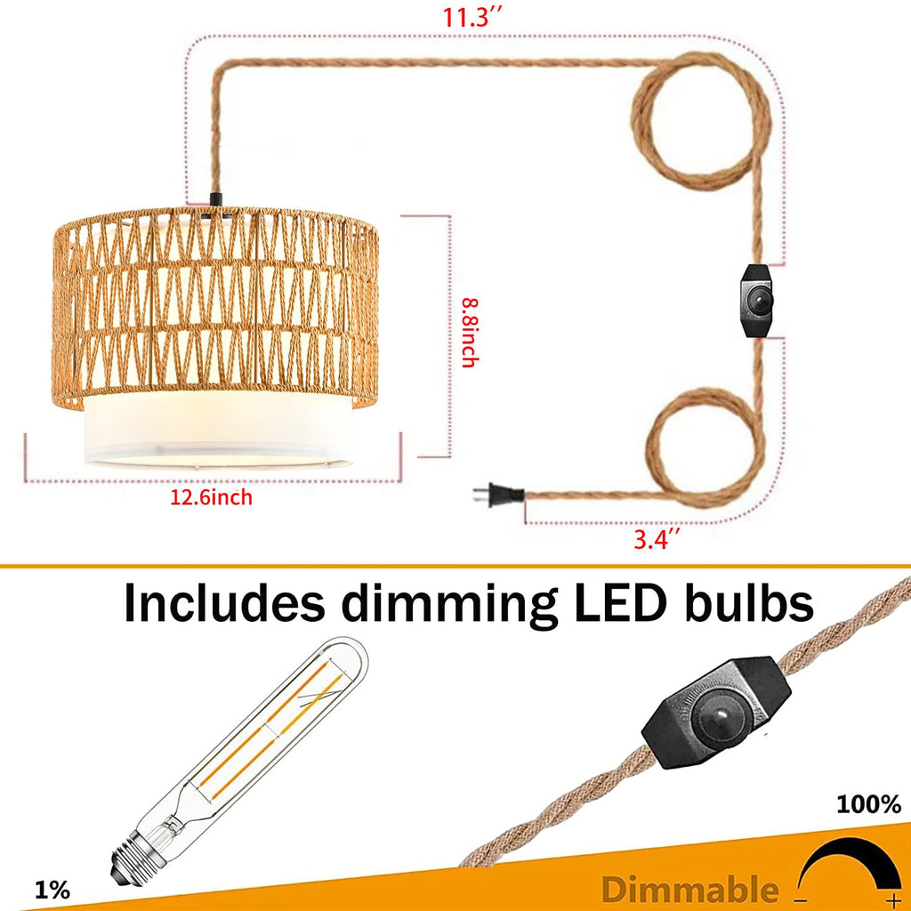Boho Plug in Pendant Light Rattan Hanging Lights with Plug in Cord, Indoor Hanging Lamp with Dimmer Switch, Wicker