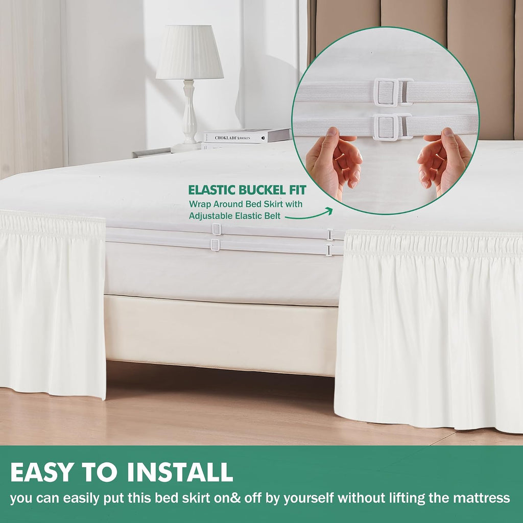Wrap Around Queen Size Bed Skirt Split Corner 18" Drop-Elastic Dust Ruffle | Ivory Adjustable Pleated Bedskirt-Easy