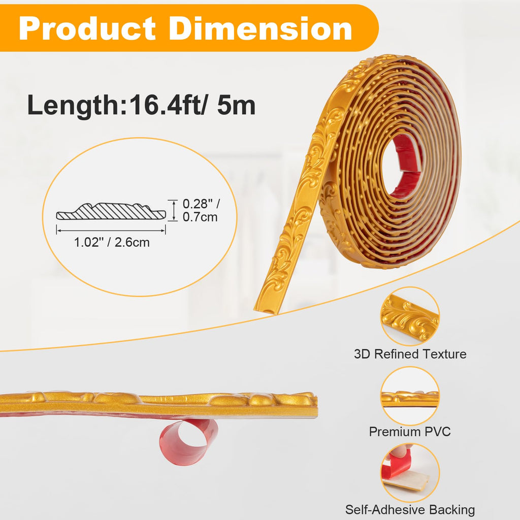 3 Pack 16.4FT Gold Peel and Stick Crown Molding Trim Kit - Self-Adhesive Decorative Trim for Mirror Borders, Doors &