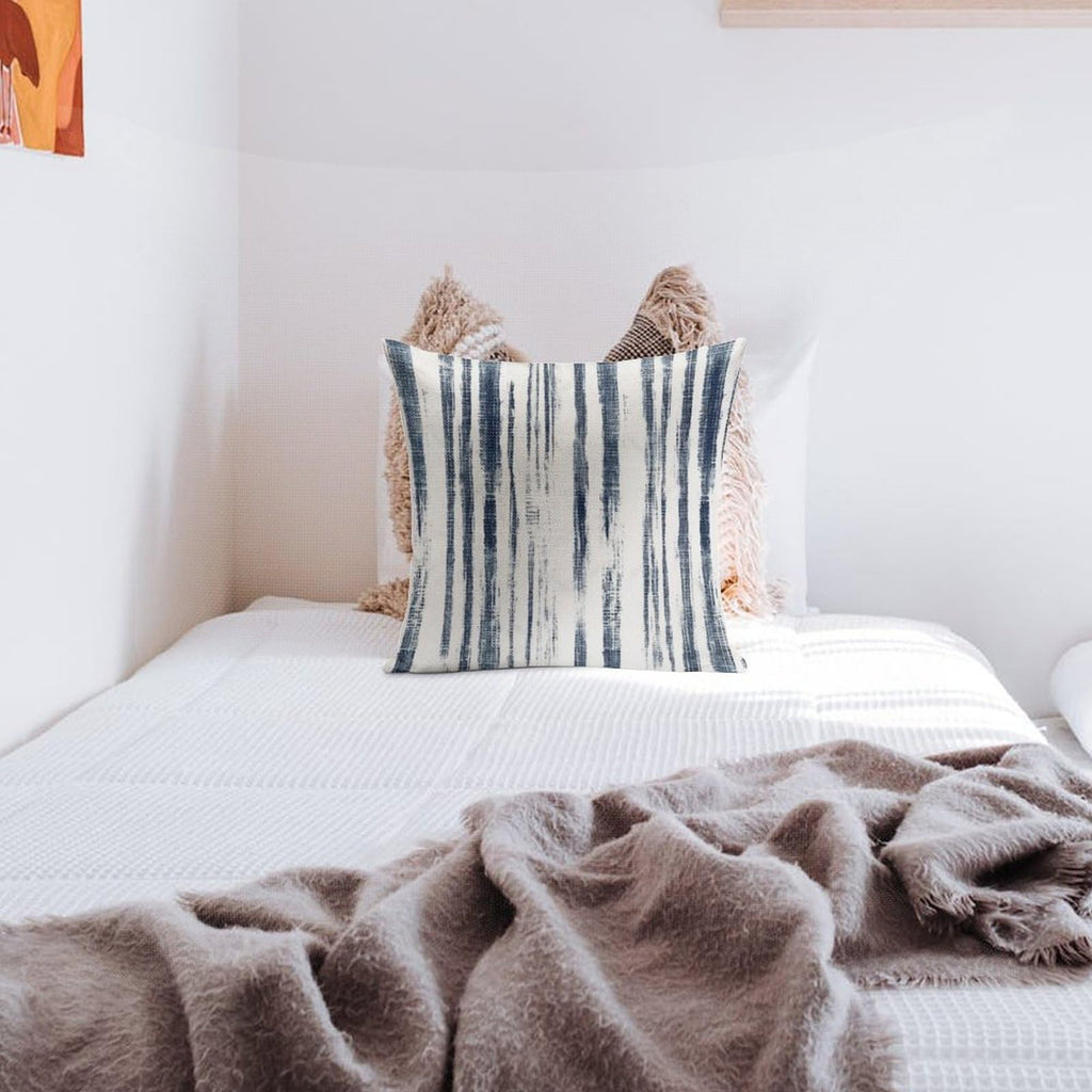 Custom Pillow Cases 24"x24" Blue French Ticking Stripes Large Couch Pillows with Hidden Zipper White Cotton Linen