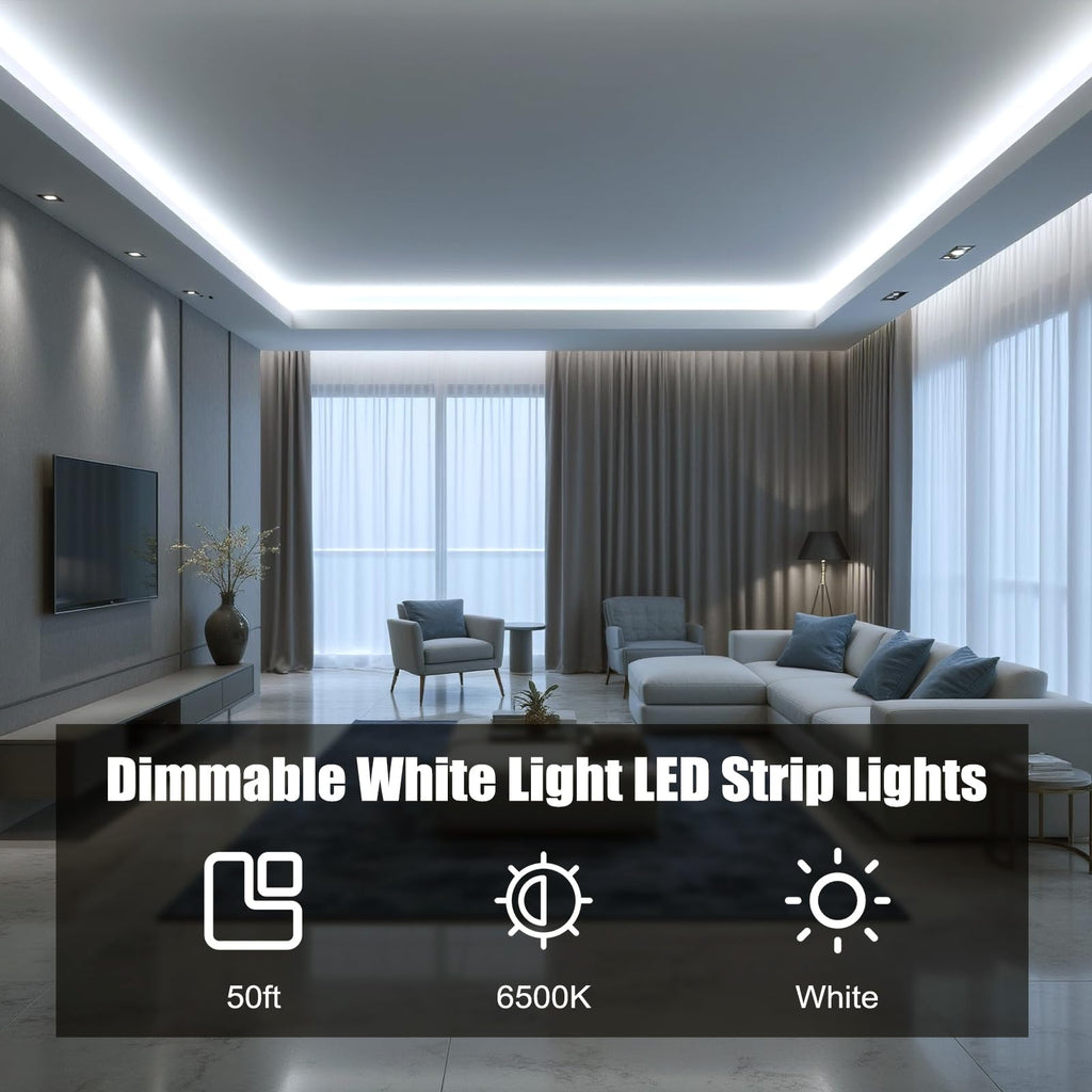 50FT White LED Strip Lights, Dimmable LED Tape Light 6500K Bright Daylight White, Flexible Under Cabinet Lights