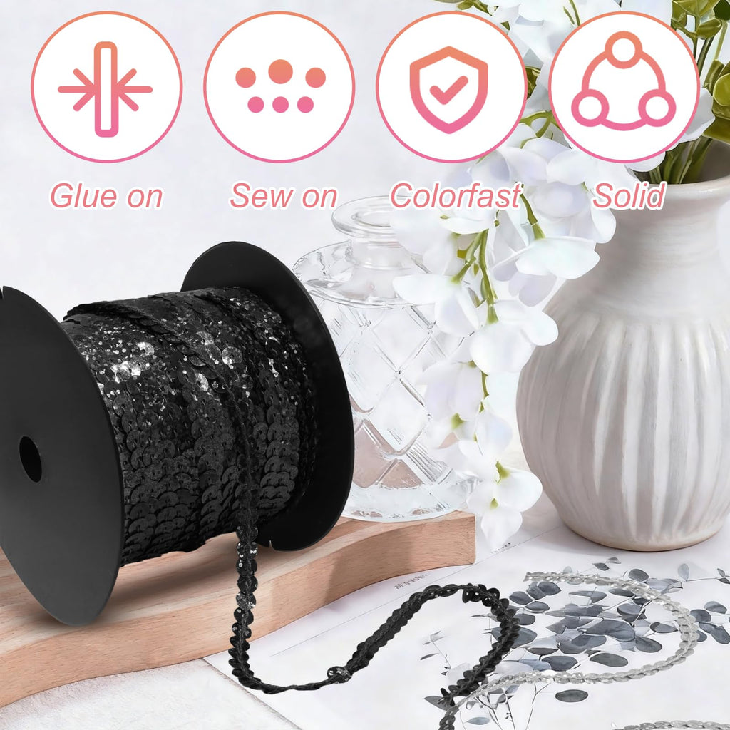 Sequin Trim, Black, 6mm Flat Round Sequins - 100 Yards