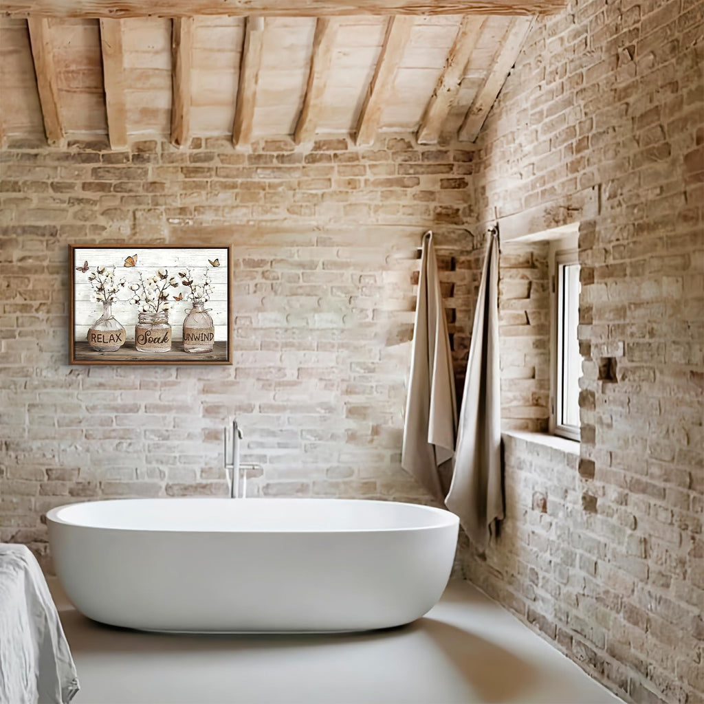 Framed Farmhouse Bathroom Wall Art Brown Rustic Cotton Flower Bathroom Canvas Wall Decor Relax Soak Unwind Sign