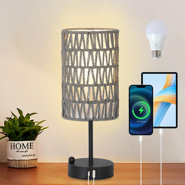 Touch Bedside Lamp with Bulb, Gray Boho Small Table Lamp With Rattan & Linen Shade, 3 Way Dimmable Table Lamp For