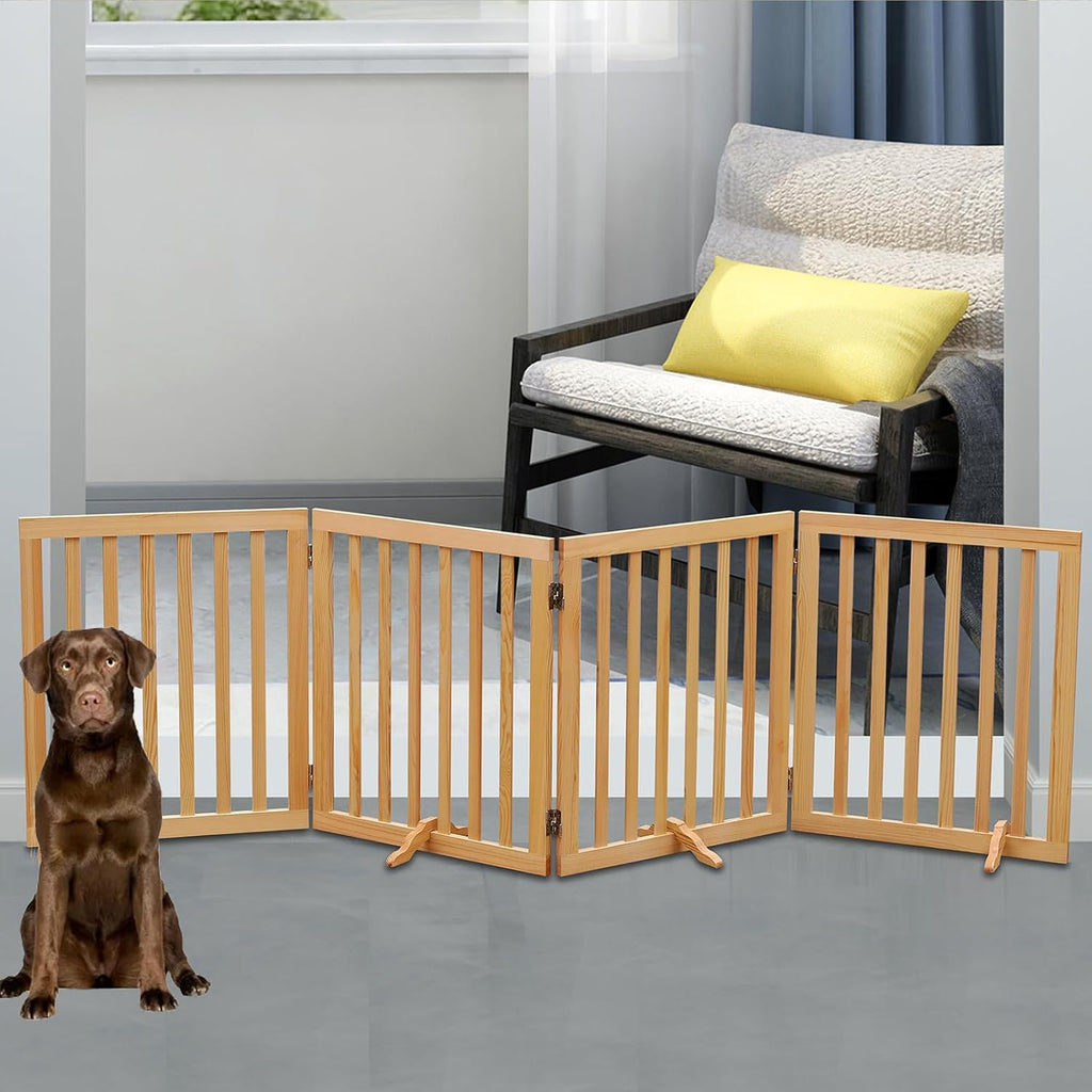 Wooden Foldable Dog Gate Freestanding 4 Panels Puppy Safety Fence-Brown