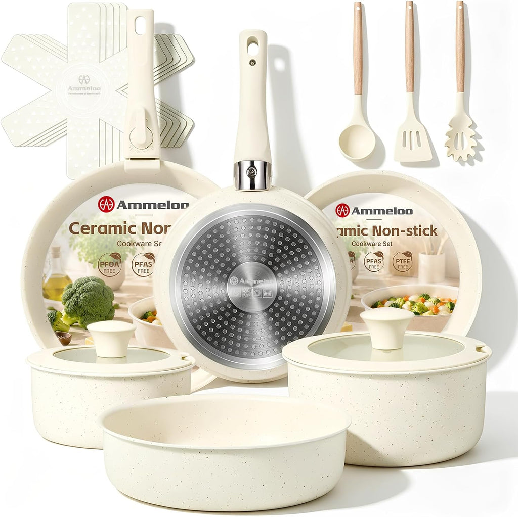 18-Piece Ceramic Pots and Pans Set Non Stick, Non Toxic Cookware Set with Removable Handles, Pot Sets for Cooking
