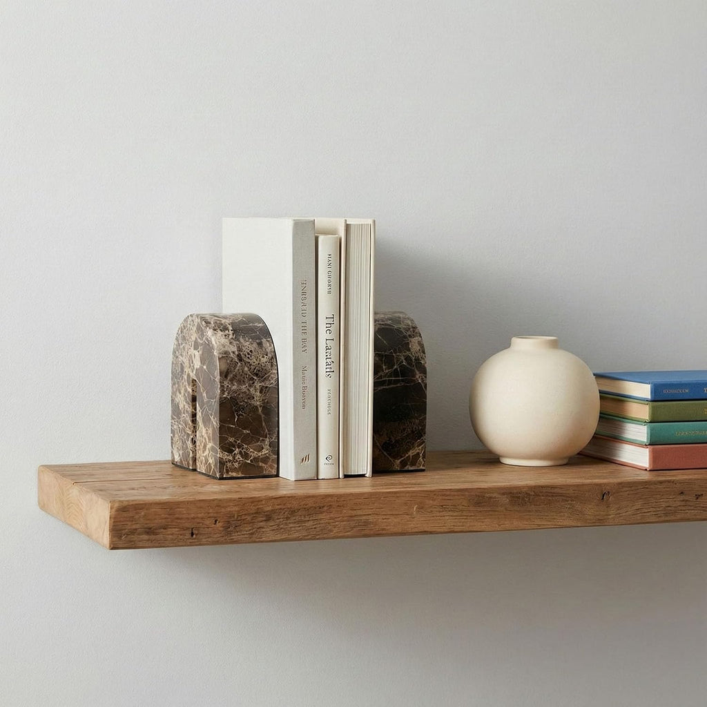 Natural Marble Bookends for Shelves,Unique Brown Arched Book Ends, Office bookends for Heavy Books, Set of 2,Heavy