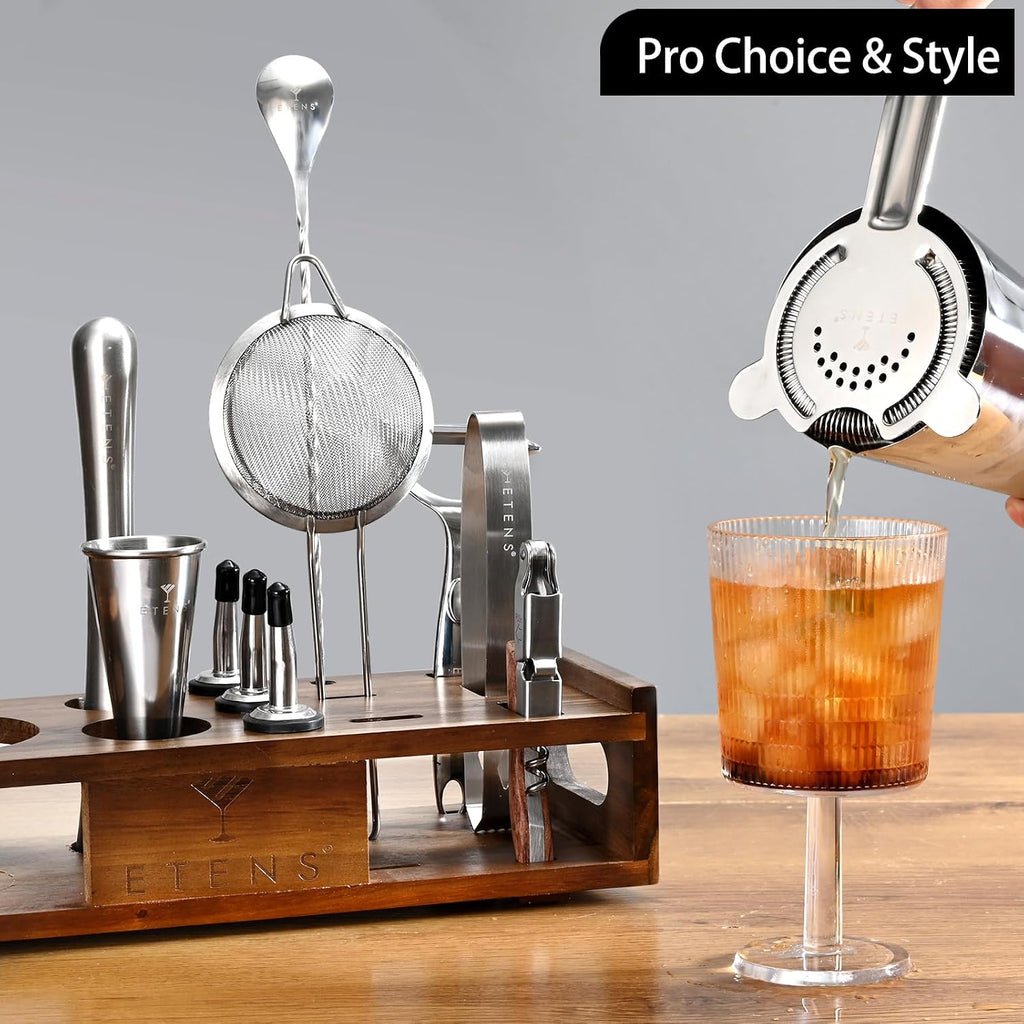 Premium 15-Piece Mixology Bartender Kit - Stainless Steel Cocktail Shaker Set with Wooden Stand | Professional Boston - Set of 15