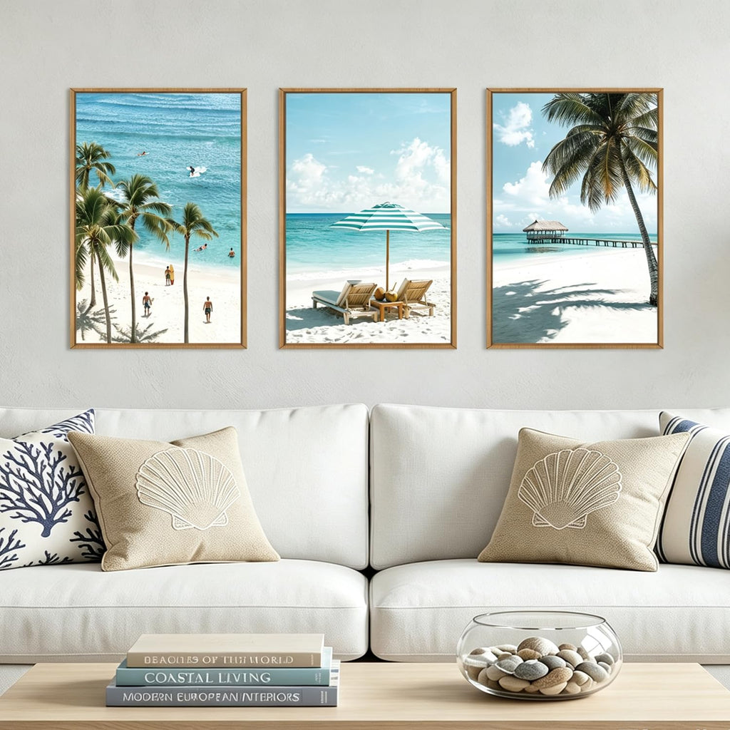 Summer Beach Framed Wall Art, Surfboard Wall Decor Coastal, Palm Tree Artwork, Tropical Wall Art Surfboard