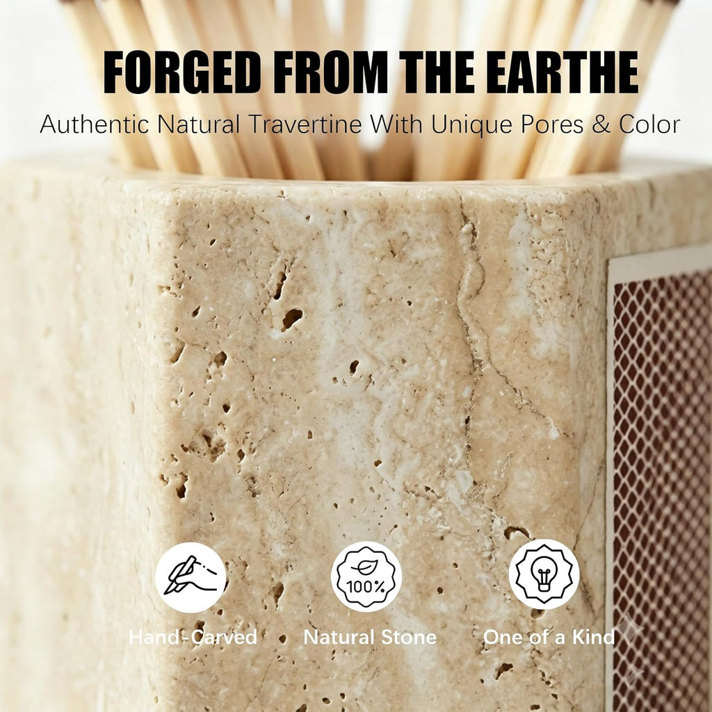 Hexagonal Travertine Match Holder with Striker, Large 3.2" x 2.6" Luxury Natural Stone Matches Jar with Cork Base