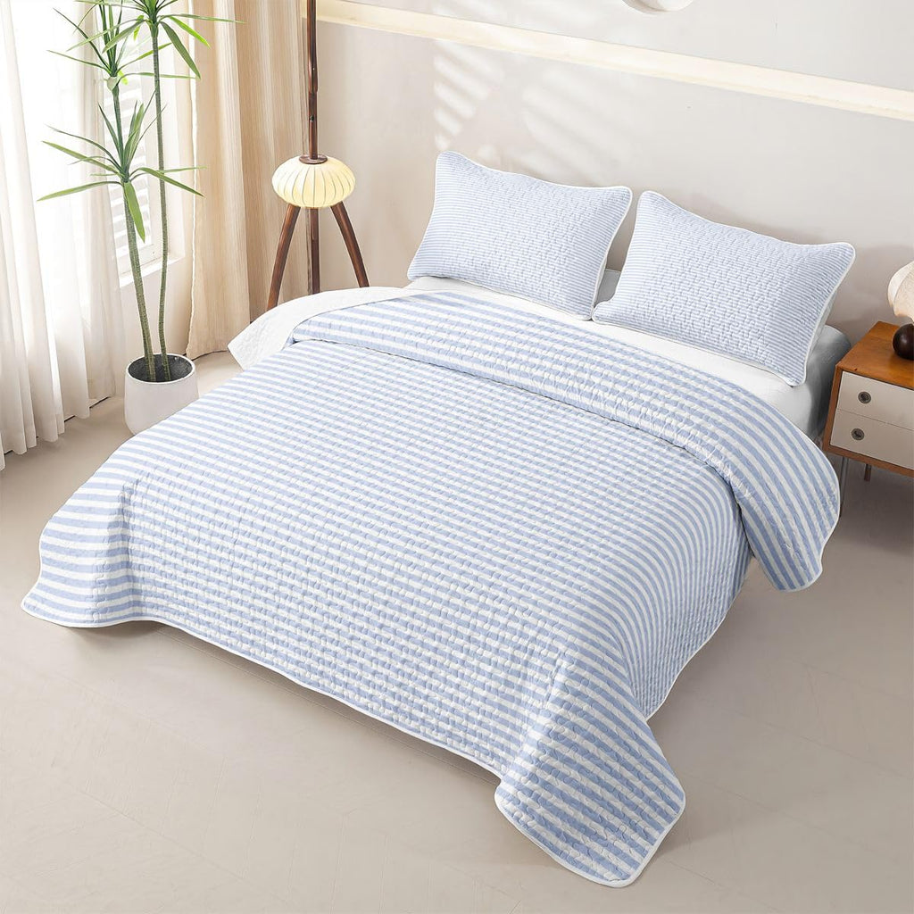 Blue White Stripe Quilt Geometric Striped Quilt Set