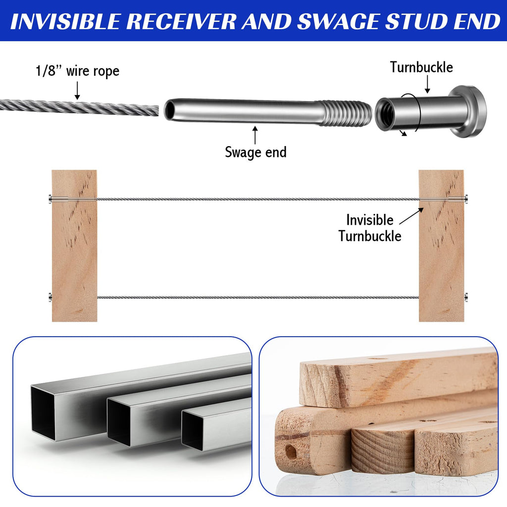 100 Pack 1/8" Stainless Steel Cable Railing Hardware Kit T316, Silver