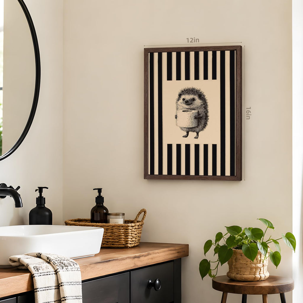 Funny Hedgehog Bathroom Wall Art, Cute Hedgehog Holding Toilet Paper Decor, Beige and Black Stripe Restroom Poster