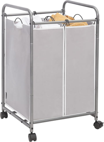 Laundry Sorter 2 Section, 90 L Gal Laundry Hamper with Wheels, Clothes Basket Separator Sorter, 2 Bag Rolling Cart