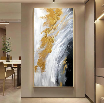Hand-Painted Black and White Abstract Oil Painting on Canvas for Entrance-Hall, Framed Gold Wall Art ,Large 3D Wall