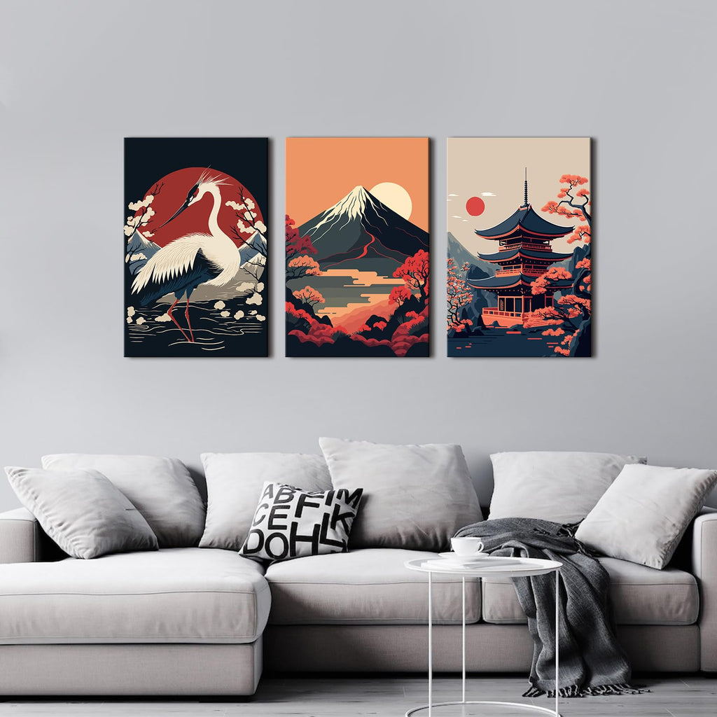 Large Japanese Wall Art Prints Red and Black Sunset Fuji Mountain Canvas Pictures White Crane Posters Retro Asian