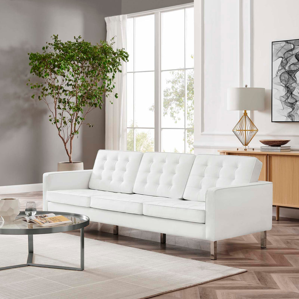 Loft Tufted Button Faux Leather Upholstered Sofa in Silver White